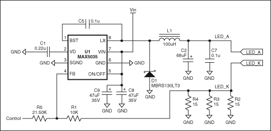 ͼ1. ͨڿƵѹ(0V3.9V)MAX5035 LEDܹLED_ALED_K˲350mA0mA