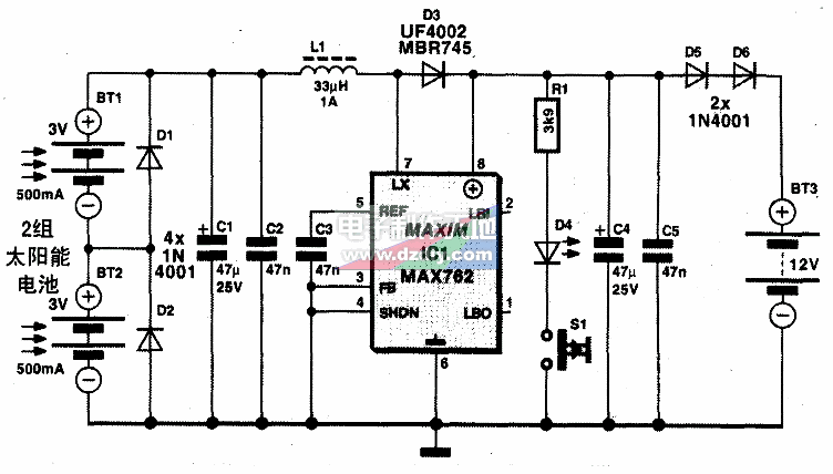 MAX762̫ܷʽǦس·ͼSolar battery charger with MAX762